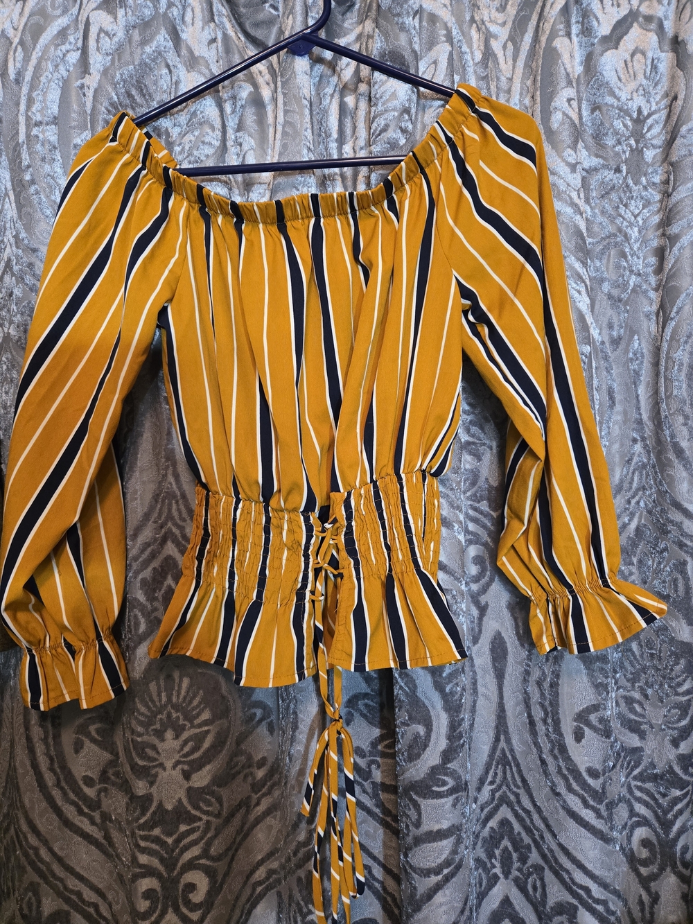 Striped Mustard Yellow Off-Shoulder Peplum Blouse